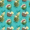 Seamless pattern of fruit cocktail of pineapple, coconut and watermelon with leaves