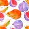 Seamless pattern of fruit figs and watercolor painted pears