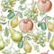 Seamless pattern with fruits. Apple, grapes and pear. Watercolor illustration.