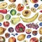 Seamless pattern with fruits, berries and vegetables drawn by hand with colored pencil