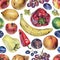 Seamless pattern with fruits, berries and vegetables drawn by hand with colored pencil