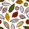 Seamless pattern with fruits and cocoa leaves. Background for packaging chocolate drink and chocolate. Hand drawn.