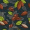 Seamless pattern fruits cocoa and piece chocolate. Vector vintage color engraving