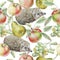 Seamless pattern with fruits and hedgehog. Apple, grapes and pear.Watercolor illustration.