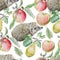 Seamless pattern with fruits and hedgehog. Apple and pear. Watercolor illustration.