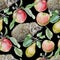 Seamless pattern with fruits and hedgehog. Apple and pear. Watercolor illustration.