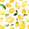 Seamless pattern with fruits lemons, limes and green leaves