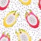 Seamless pattern with fruits Pitaya. Dragon fruit.  Exotic fruit. Low-Calorie Foods. Healthy Eating.