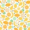 Seamless pattern with fruits and seeds. Vegetarian healthy food. Background for fabrics, wrapping paper, various surfaces.