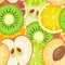 Seamless pattern fruits. Slice apple, kiwi, peach, lime, lemon, orange