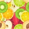 Seamless pattern fruits. Slice apple, kiwi, peach, lime, lemon, orange