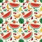 Seamless pattern of fruits, watermelon, melon, strawberry, cherry, plum, kiwi.