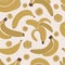 Seamless pattern of funky futuristic pop art with illustration of stylized exotic banana fruits on vegetarian contrast wallpaper