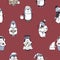 Seamless pattern with funny baby penguins wearing various winter clothes on red background. Backdrop with cartoon