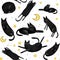 Seamless pattern with funny black cats, drawn elements plant style. Digital hand draw illustration. Design element for wallpaper