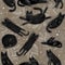 Seamless pattern with funny black cats, drawn elements plant style. Digital hand draw illustration. Design element for wallpaper