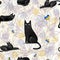 Seamless pattern with funny black cats, drawn elements plant style. Digital hand draw illustration. Design element for wallpaper