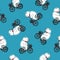 Seamless pattern with funny cartoon circus bear wearing bow tie and riding bicycle with front basket full of red tulip