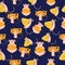 Seamless pattern with funny, cartoony mice with cheese. Vector illustration for printing printing products.