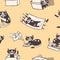 Seamless pattern with funny cat washing itself, eating, sleeping, sitting inside carton box and carrier. Cute cartoon