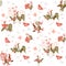 Seamless pattern with funny chickens and roosters, red bows, maple leaves, little hearts and pink flowers on white background