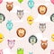 Seamless pattern with funny colorful flying balloons with crazy animal faces on the cloudy sky background.