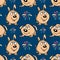 Seamless pattern, funny comical dogs and fireworks on a blue background. Festive children\\\'s background, print