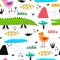 Seamless pattern with funny crocodiles, birds, lakes, mountains, decor elements. colorful vector for kids. Handmade flat style dra