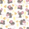 Seamless pattern funny cute little happy mice with a slice of cheese and a spikelet of wheat. Cartoon animals in