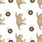 Seamless pattern with funny dancing sloths. Vector illustration