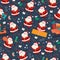 Seamless pattern with funny different Santa Claus characters with gifts, stocking, presents bag, sleigh.