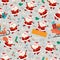 Seamless pattern with funny different Santa Claus characters with gifts, stocking, presents bag, sleigh.