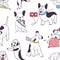 Seamless pattern with funny dogs demonstrating bad habits and disobedient behavior. Backdrop with naughty domestic