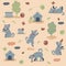 Seamless pattern of funny dogs playing in the garden on dark background