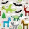 Seamless pattern with funny dragons, bats, unicorn, horse, deer, bird, wolf. vector