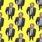 Seamless pattern. Funny elderly gray-bearded man, professor looking at camera isolated on yellow studio background.