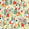 Seamless pattern with funny female gnome gathering berries, mushrooms, flowers. Fairy tale elf girls in the forest