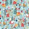 Seamless pattern with funny female gnomes gathering berries, mushrooms, flowers. Fairy tale elf girls in the forest