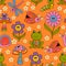 Seamless pattern with  funny  flowers, insect, frog, mushrooms