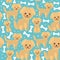 Seamless pattern funny golden beige dog and white bones, Kawaii face with large eyes and pink cheeks, boy and girl on blue