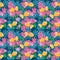 Seamless pattern funny goldfish, sea flowers, air bubbles and plants on dark blue background
