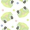 Seamless pattern with funny green frog faces and colored circles. Watercolor illustration highlighted on a white