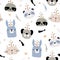 Seamless pattern with funny hand drawn unicorn animals. Creative childish texture. Great for fabric, textile Vector Illustration