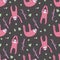 Seamless pattern with funny hanging smiling cartoon pink sloths and leaves on dark black background