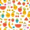 Seamless pattern with funny and happy kawaii fruit. Summer tropical healthy food. Cute cartoon background