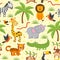 Seamless pattern with funny jungle animals