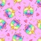 Seamless pattern with funny kawaii sweet donuts like unicorn. Cartoon background.