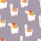 Seamless pattern with funny lamas with gifts on a purple background. Vector illustration suitable for baby texture