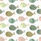 Seamless pattern with funny little bright fish on a light background. Fishes. Sea fishes and sea elements starfish, ship