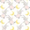 Seamless pattern of funny little hares hanging on the moon. Delicate pastel colors. Textiles, decor for a children\\\'s bedroom